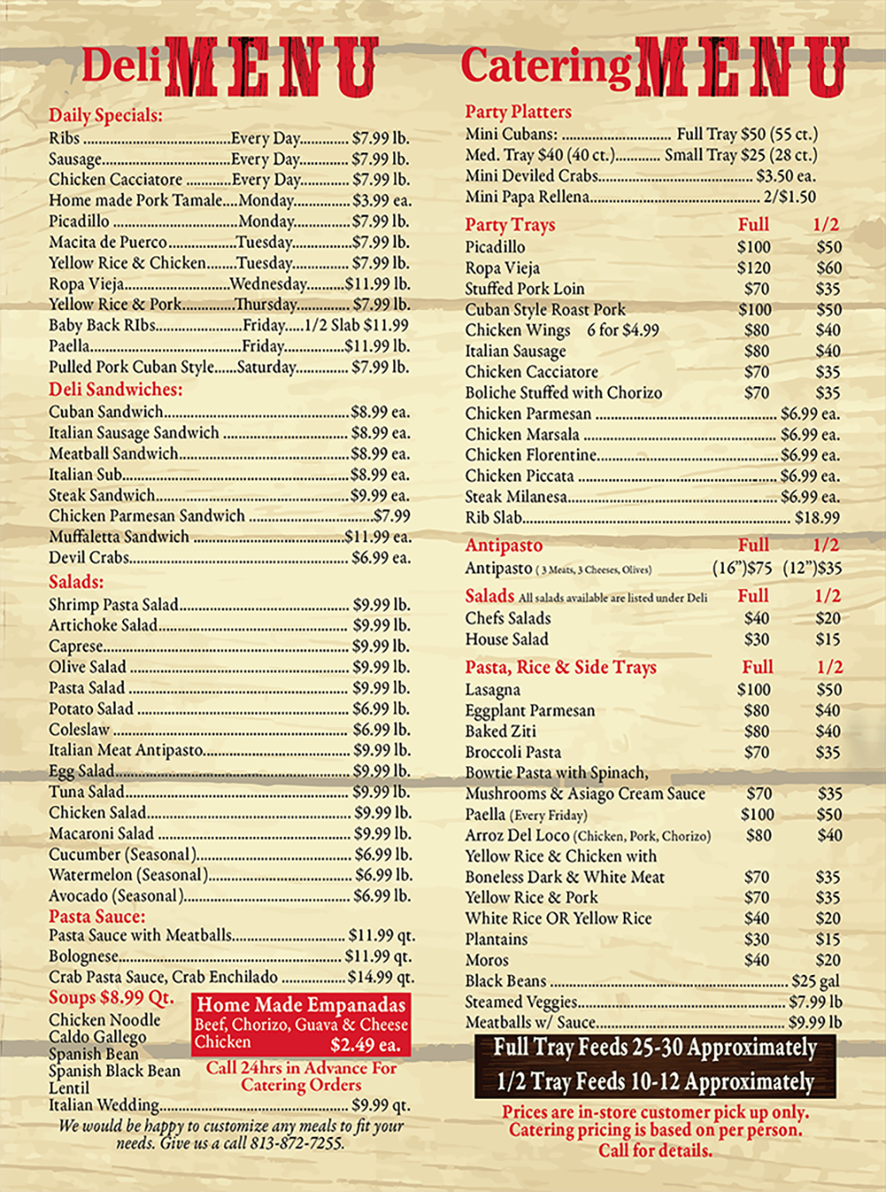 Cacciatore and Sons Menu